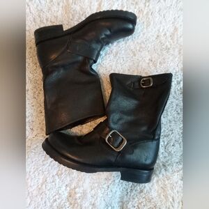 Frye Black Leather Lace-Up Buckle Mid-Calf Boots
